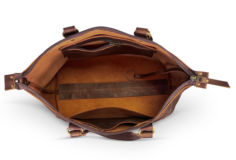 Main Compartment of a Brown Leather Tote Bag