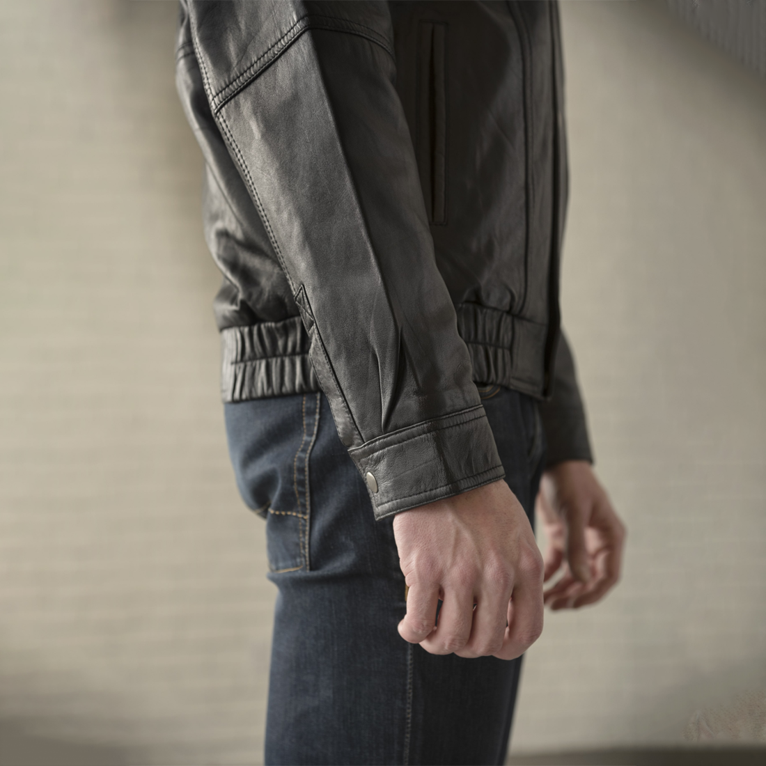 Double Collar Leather Bomber - Black