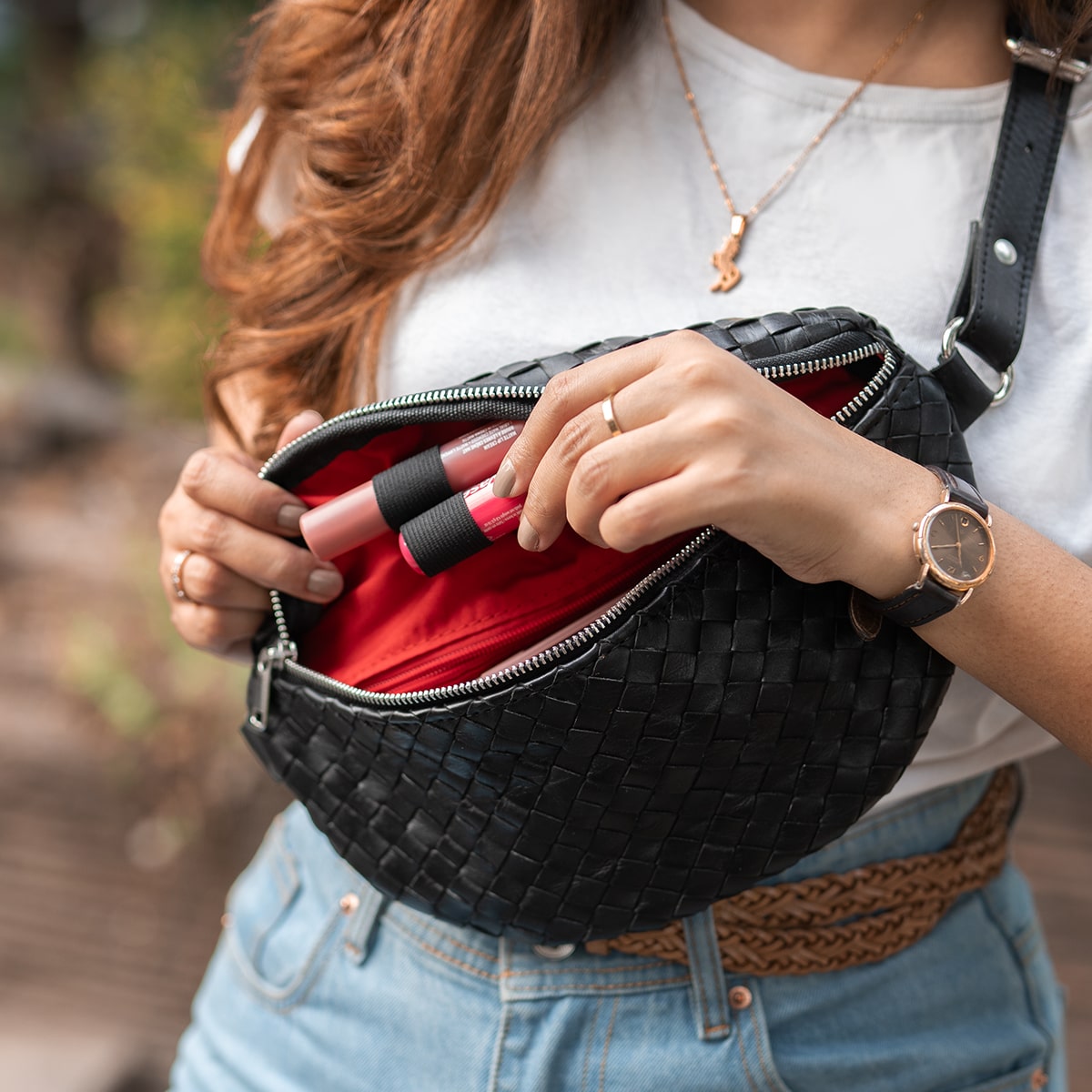 Nexus Woven Leather Belt Bag - Woven Black With Red Lining