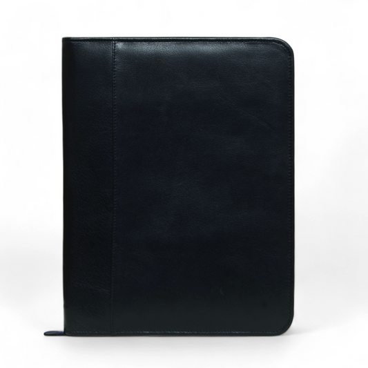 Zip Up Leather Padfolio - Black