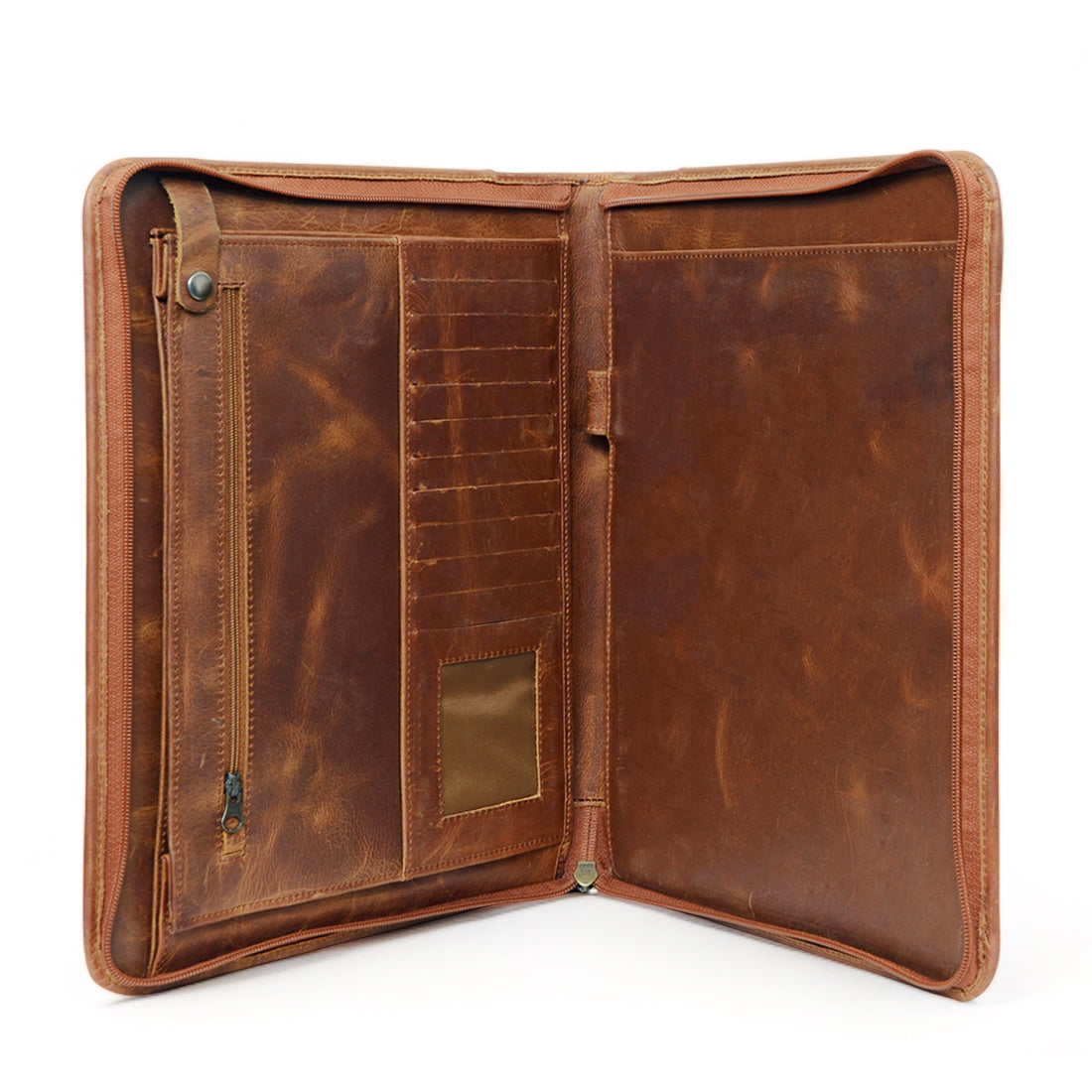 Zip Up Leather Padfolio - Saddle Brown