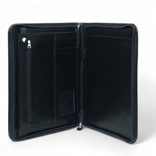 Zip Up Leather Padfolio - Black