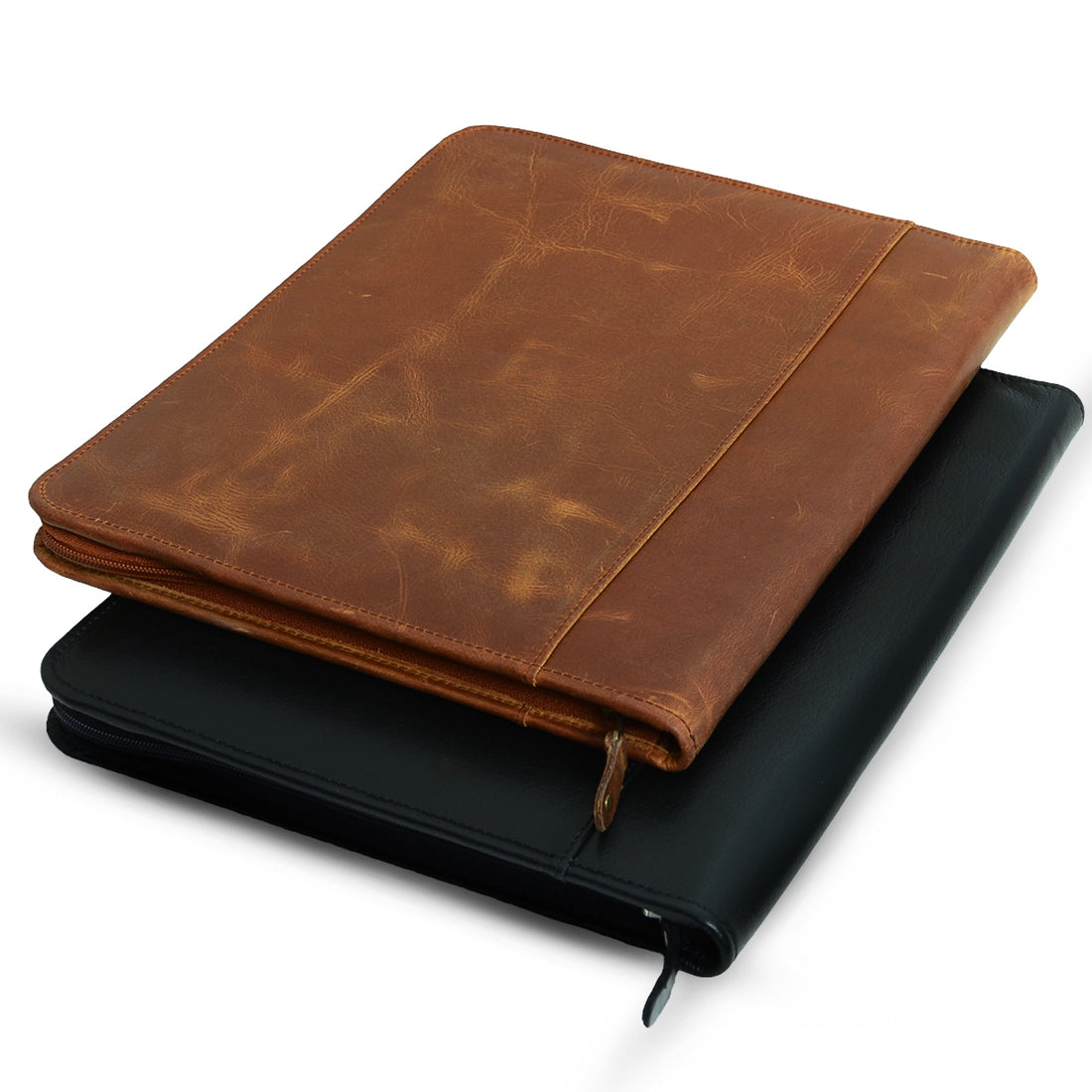 Zip Up Leather Padfolio - Saddle Brown