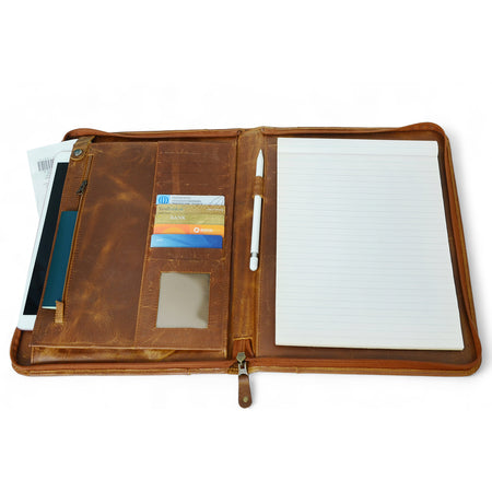 Zip Up Leather Padfolio - Saddle Brown