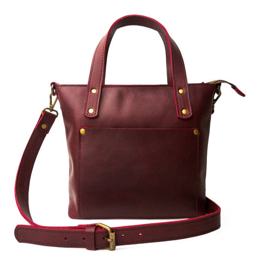 maroon red leather tote bag