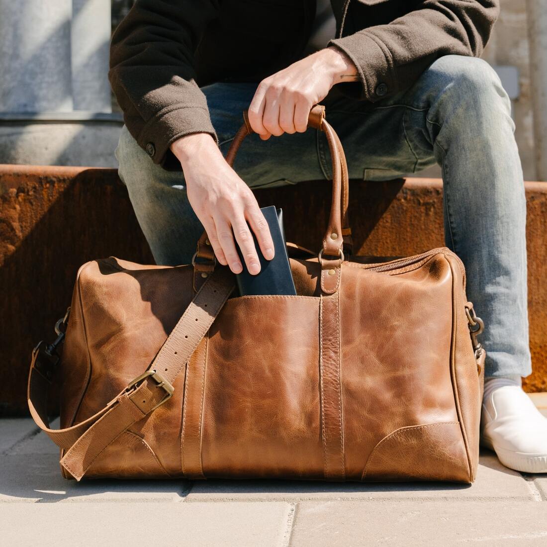 Leather duffle bags for men deals