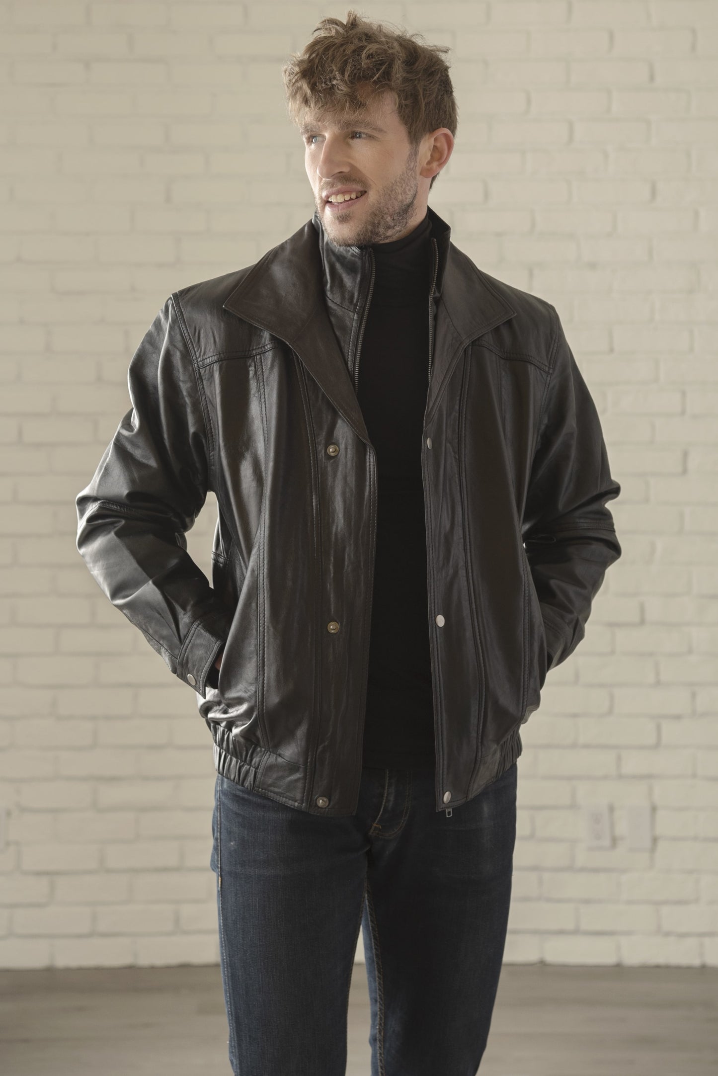 Double Collar Leather Bomber - Black