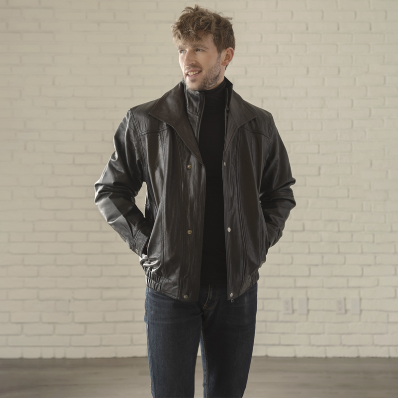 Double Collar Leather Bomber - Black