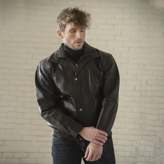 Double Collar Leather Bomber - Black