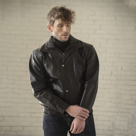 Double Collar Leather Bomber Black
