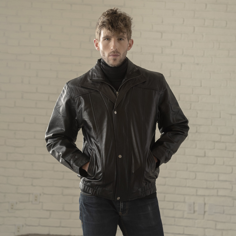 Double Collar Leather Bomber - Black