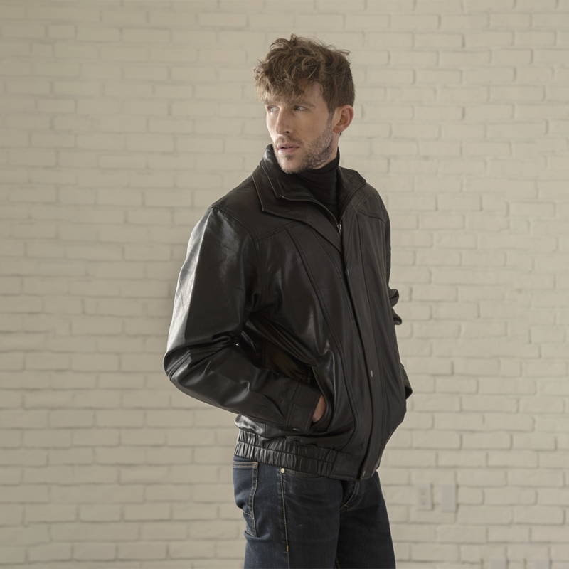 Double Collar Leather Bomber - Black