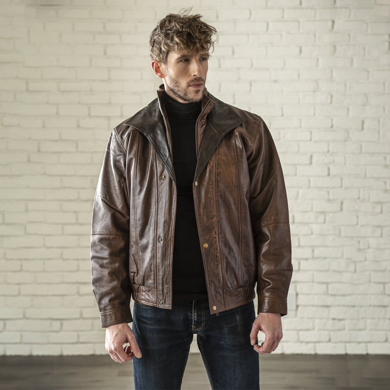 Double Collar Leather Bomber - Wood Grain