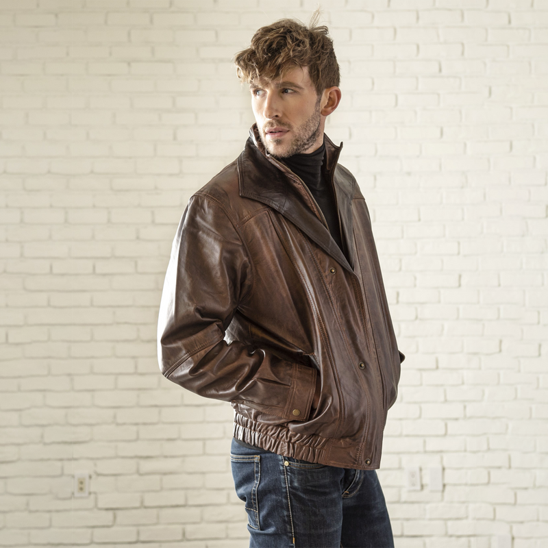 Double Collar Leather Bomber - Wood Grain