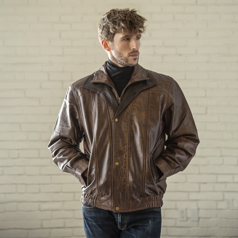 Double Collar Leather Bomber - Wood Grain