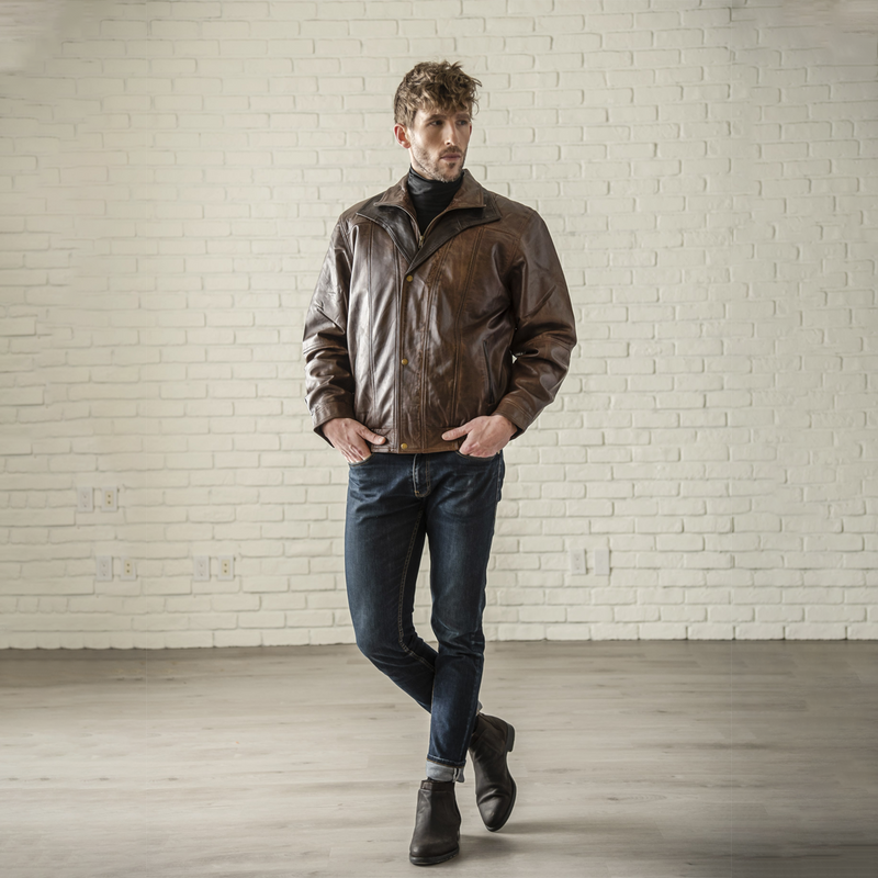 Double Collar Leather Bomber - Wood Grain