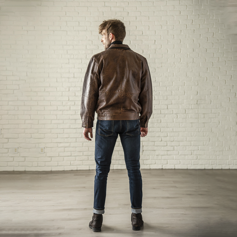 Double Collar Leather Bomber - Wood Grain