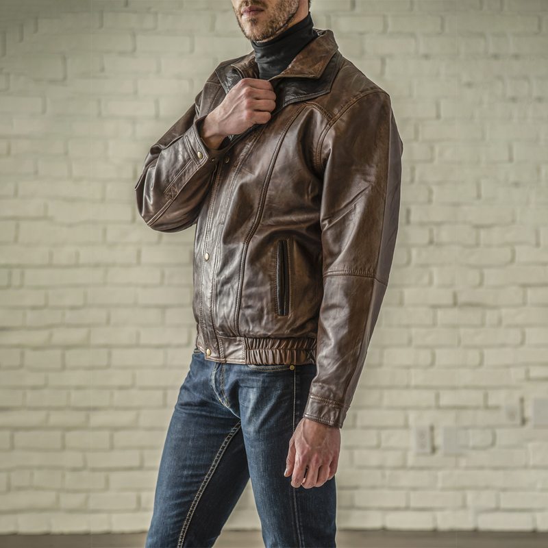 Double Collar Leather Bomber - Wood Grain