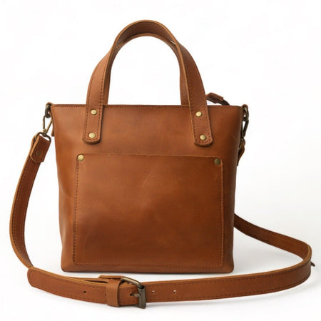 tan leather small tote bag with crossbody strap  