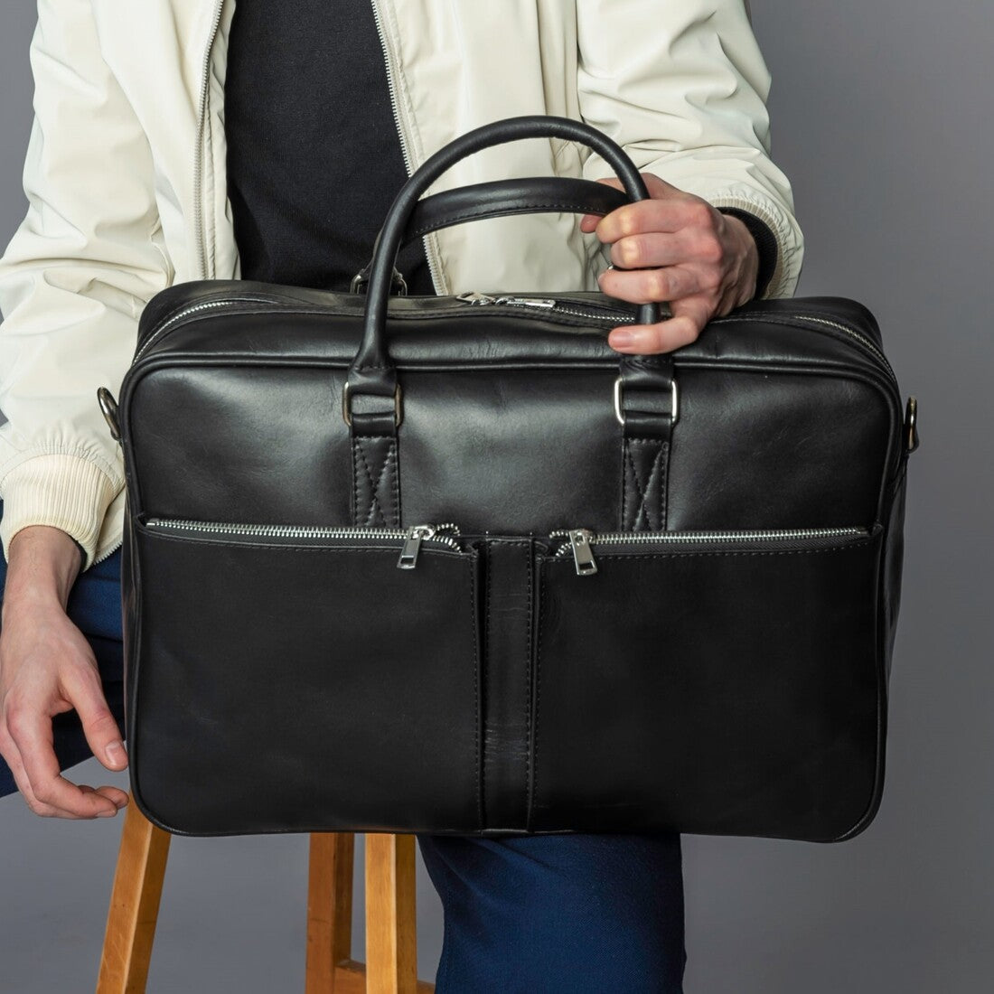 Slim Leather Briefcase 17" - Black