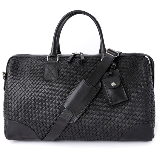 black woven duffle bag with silver hardware