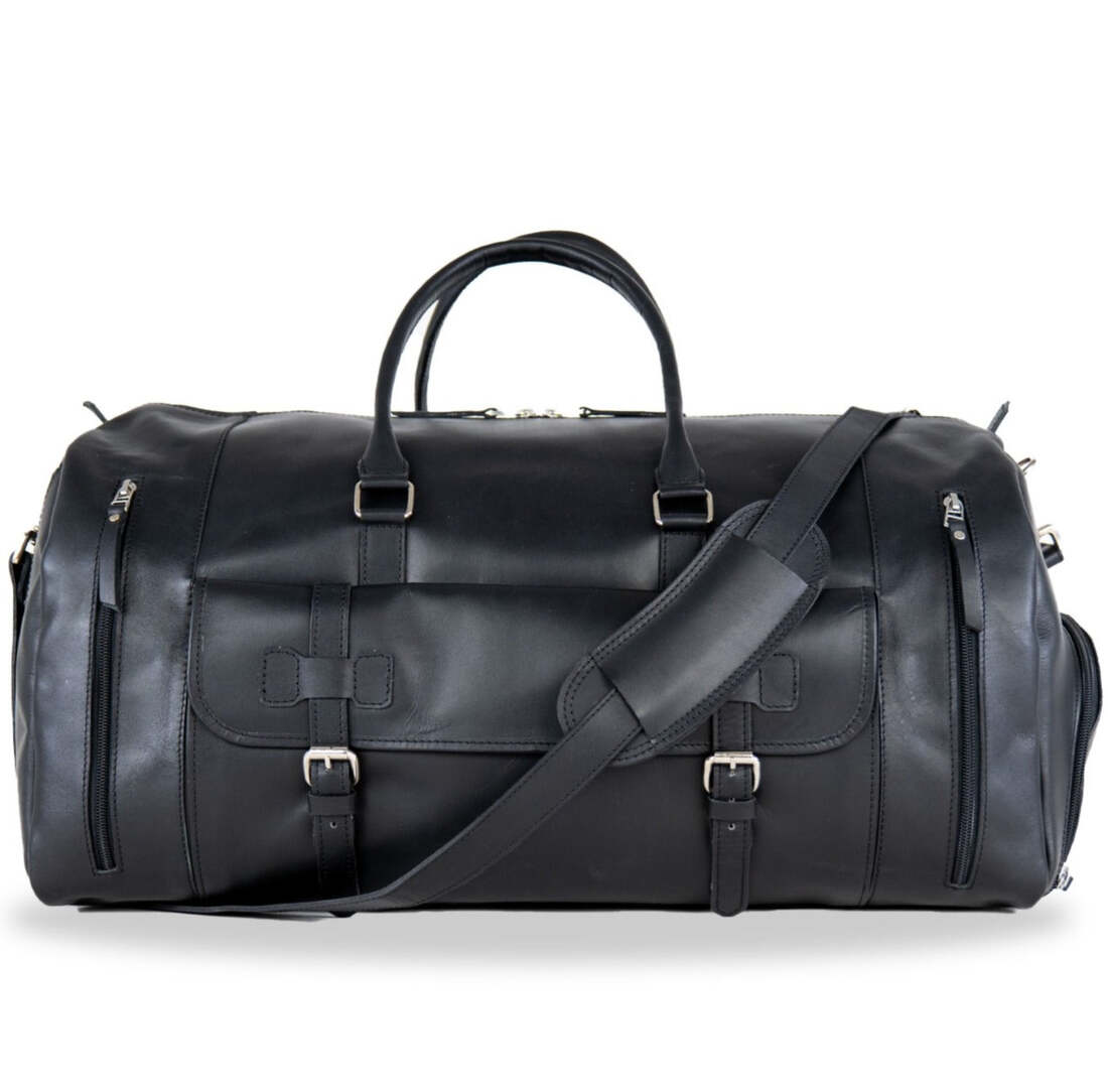 black leather duffle bag