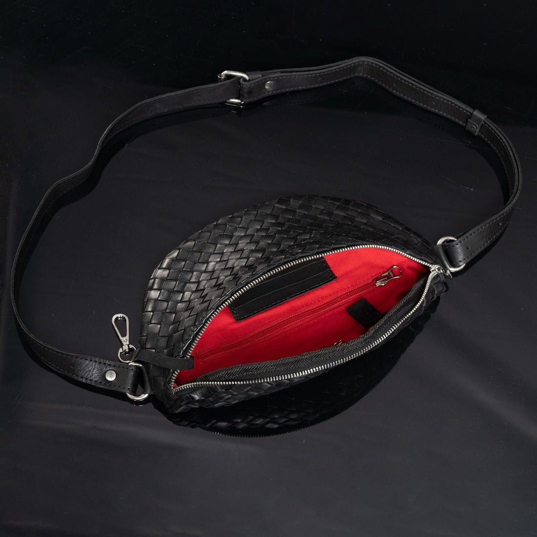 Nexus Woven Leather Belt Bag - Woven Black With Red Lining