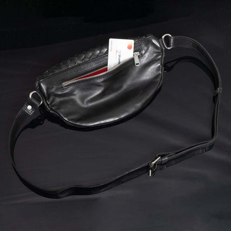 Nexus Woven Leather Belt Bag - Woven Black With Red Lining