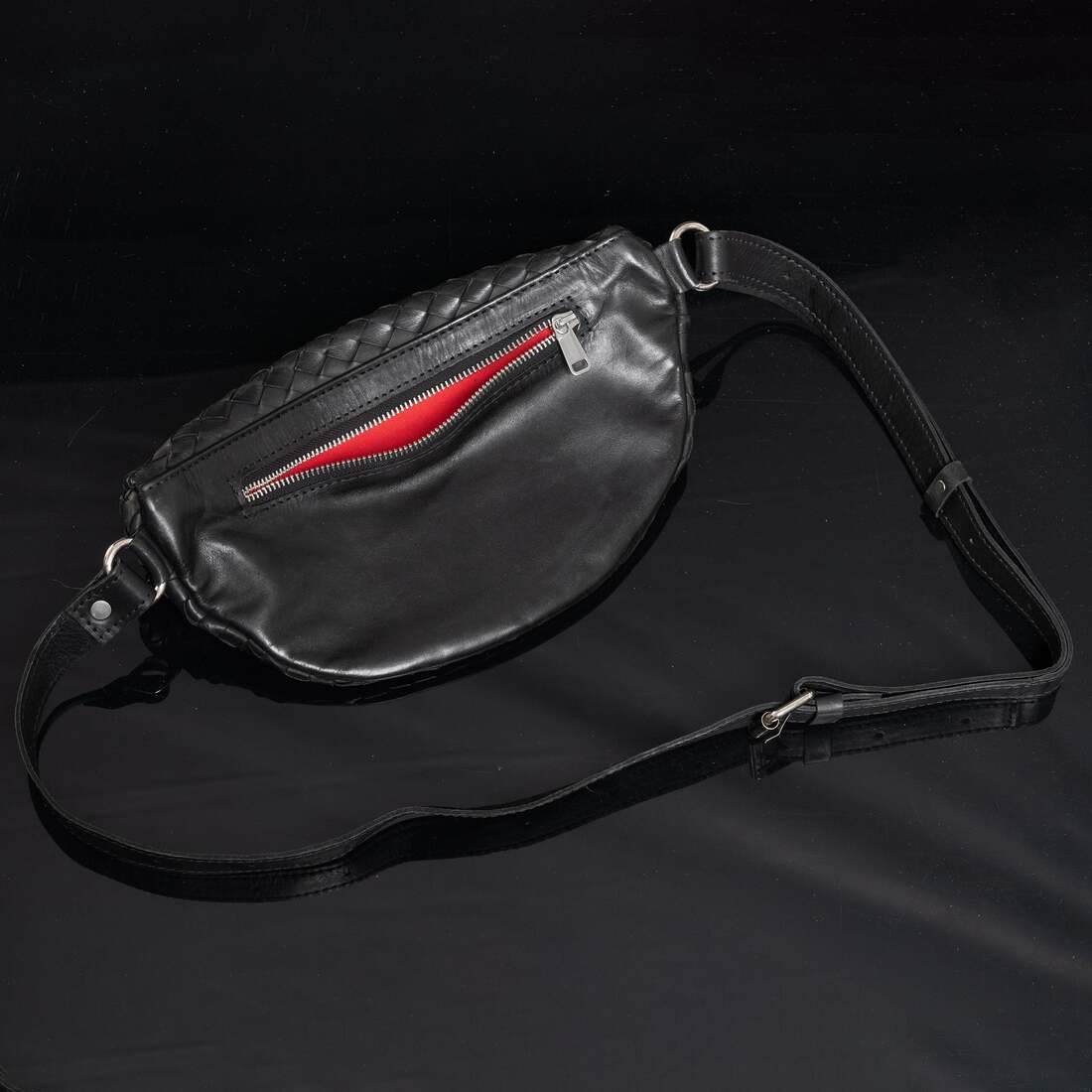 Nexus Woven Leather Belt Bag - Woven Black With Red Lining