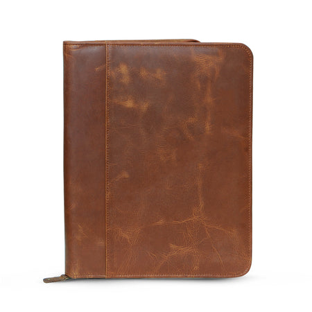 Zip Up Leather Padfolio - Saddle Brown