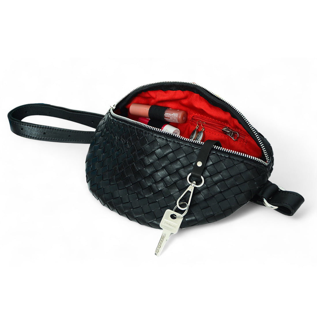 Nexus Woven Leather Belt Bag - Woven Black With Red Lining