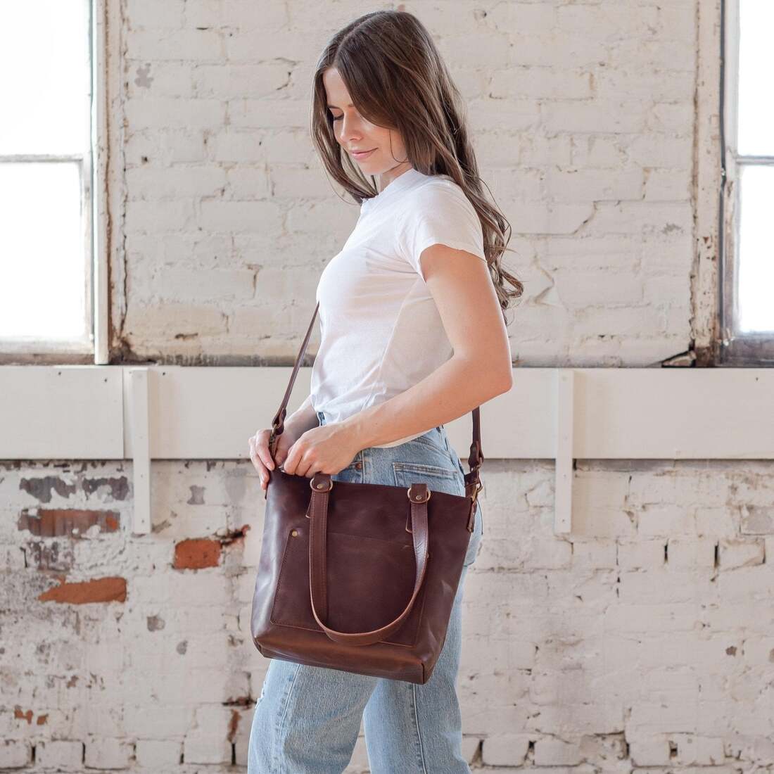 Crossbody Leather Tote Saddle Dark Minimalist Design HIDES