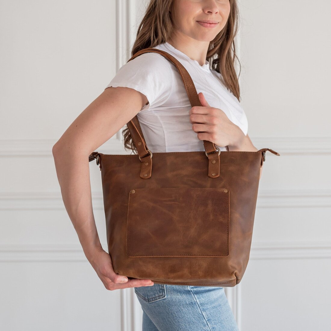 Crossbody Leather Tote Saddle Brown