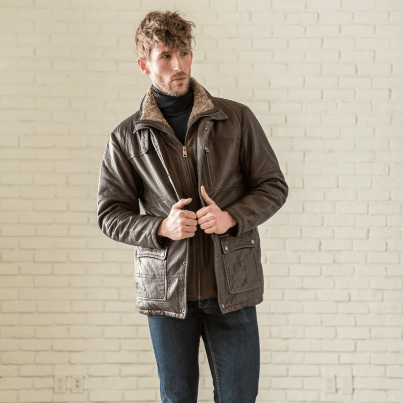 Shearling Collar Leather Coat