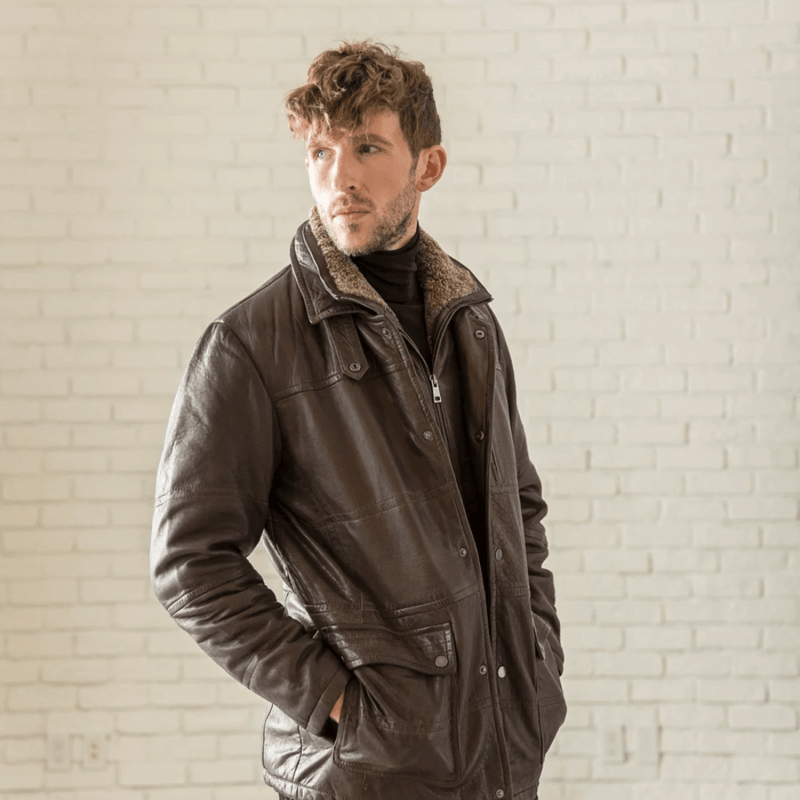 Shearling Collar Leather Coat