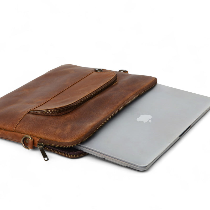 Tech Leather Laptop Sleeve - Saddle Brown