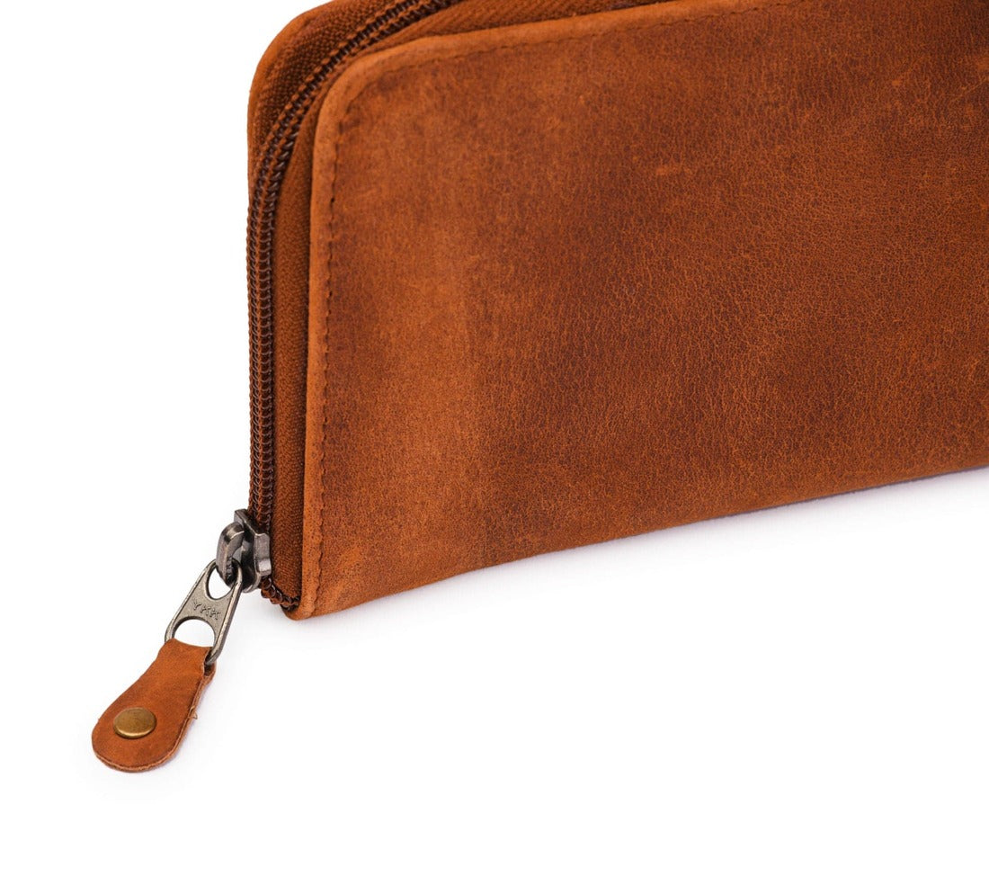 Leather Zip Around Wallet - Saddle Brown