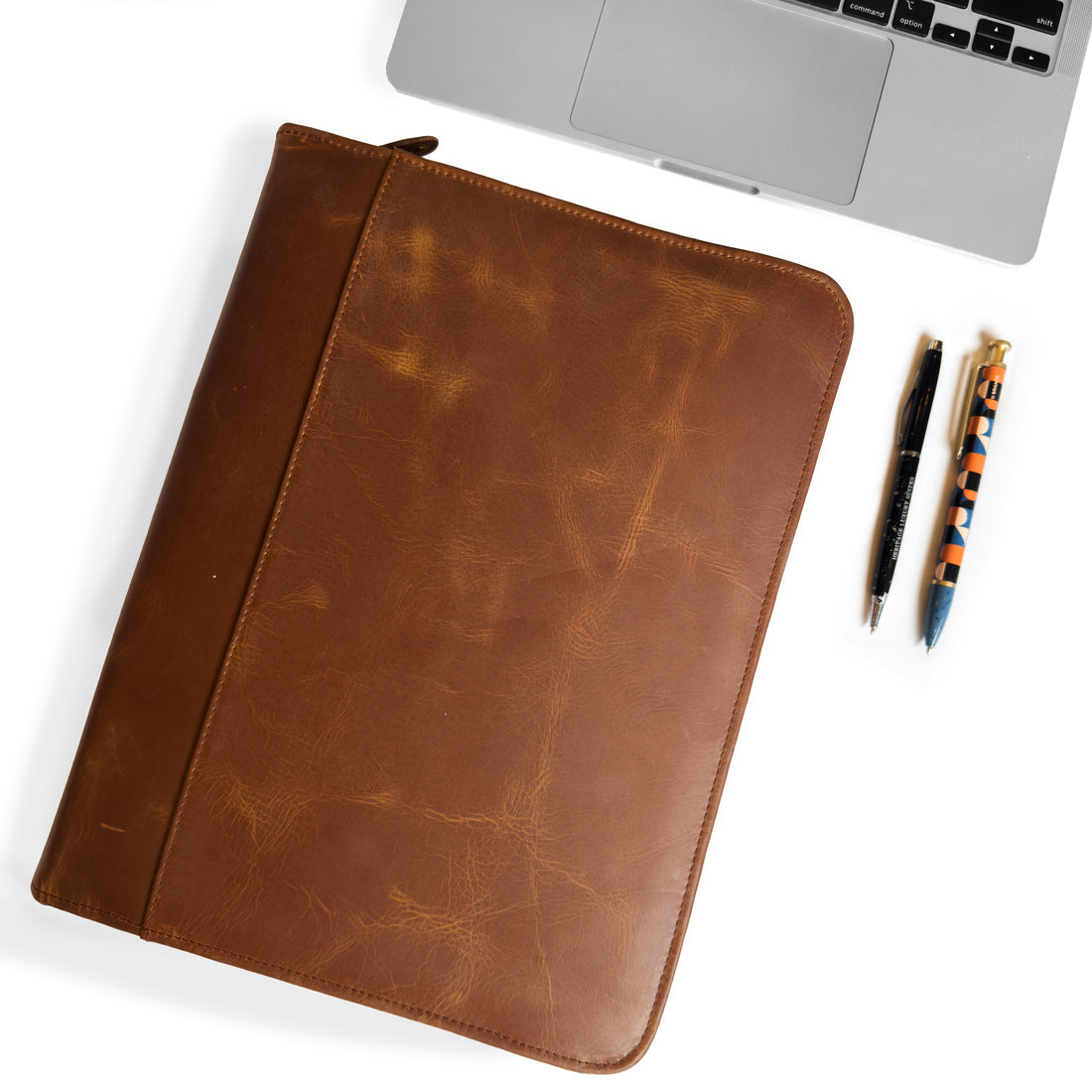 Zip Up Leather Padfolio - Saddle Brown