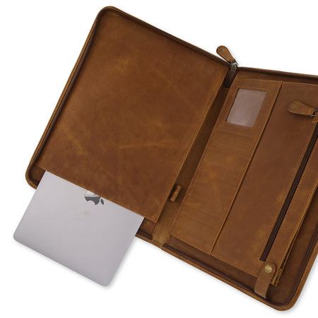 Zip Up Leather Padfolio - Saddle Brown