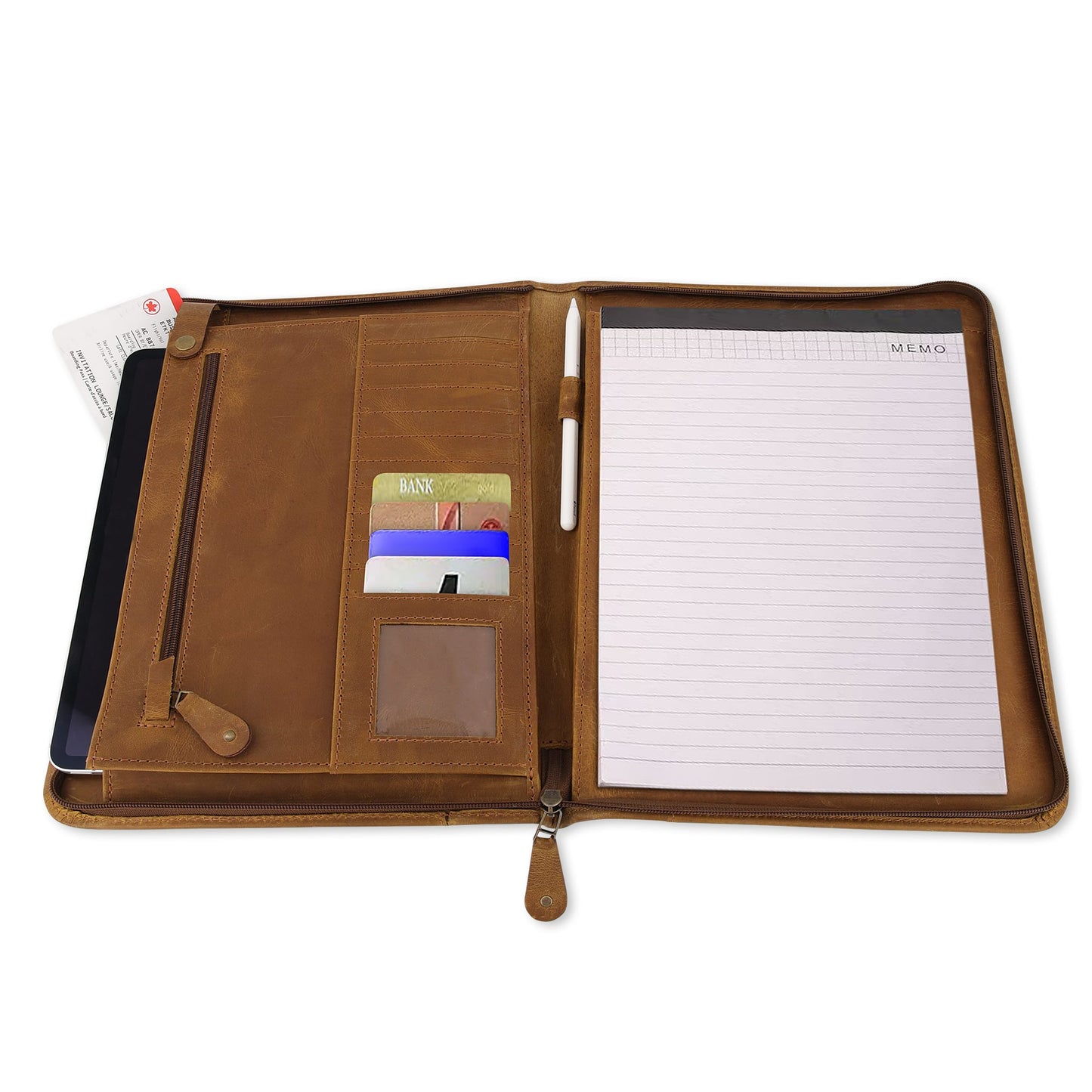 Zip Up Leather Padfolio - Saddle Brown