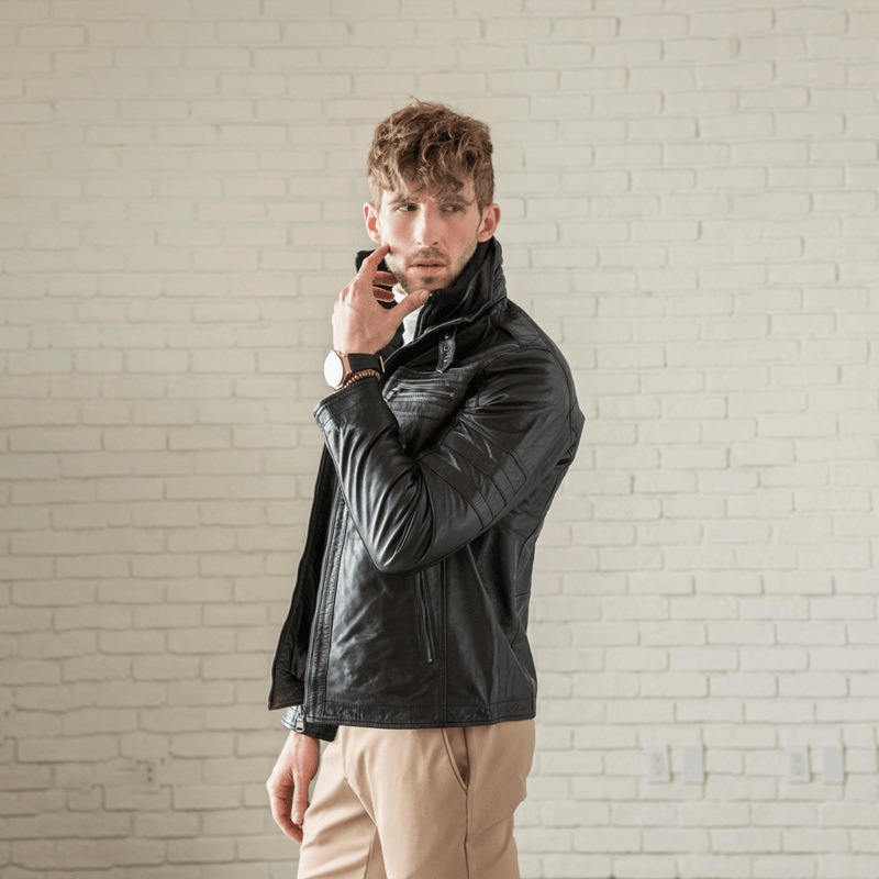 Removable Collar Leather Jacket - Black