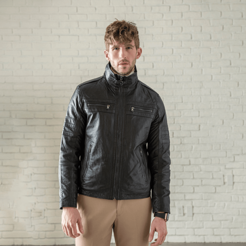 Removable Collar Leather Jacket - Black