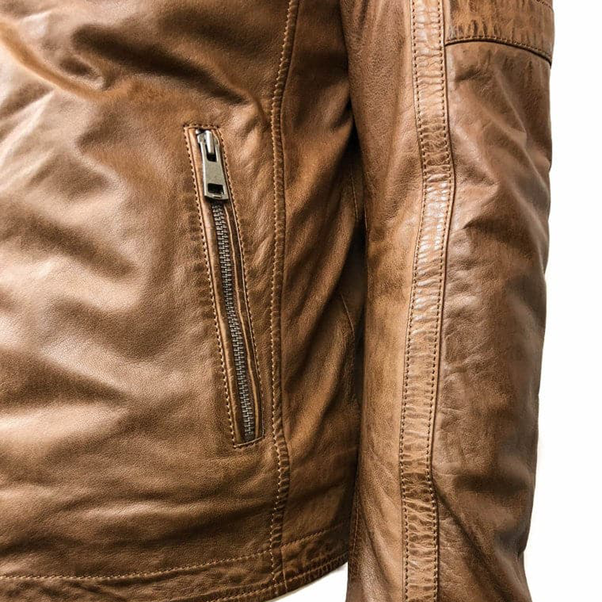 Removable Collar Leather Jacket - Cognac