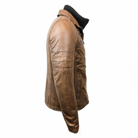 Removable Collar Leather Jacket - Cognac