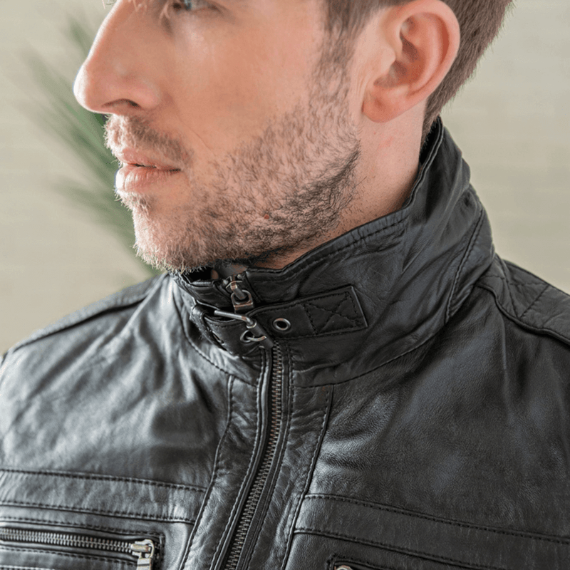 Removable Collar Leather Jacket - Black