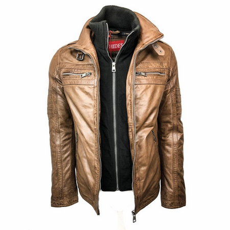 Removable Collar Leather Jacket - Cognac