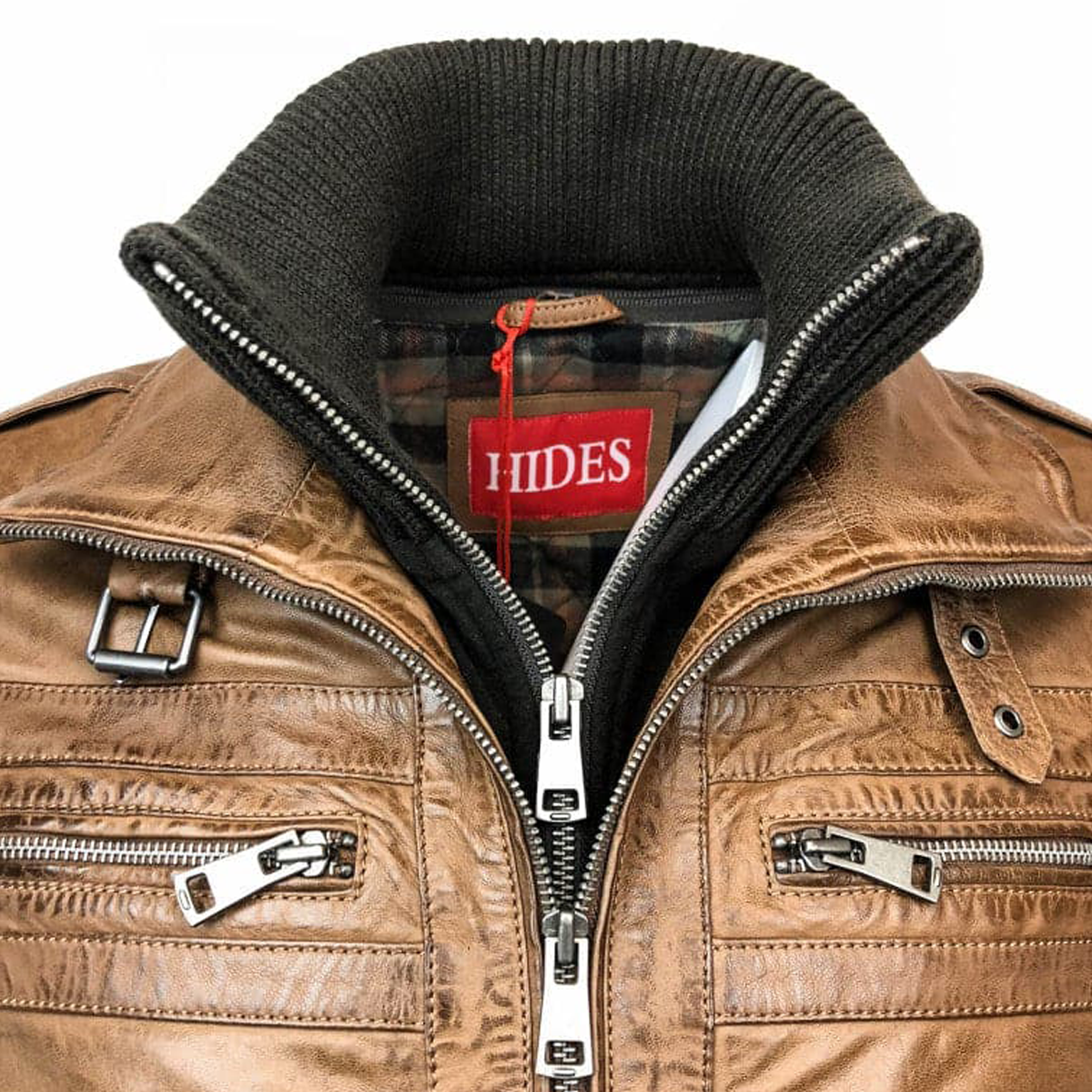 Removable Collar Leather Jacket - Cognac