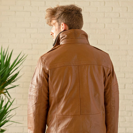 Removable Collar Leather Jacket - Cognac