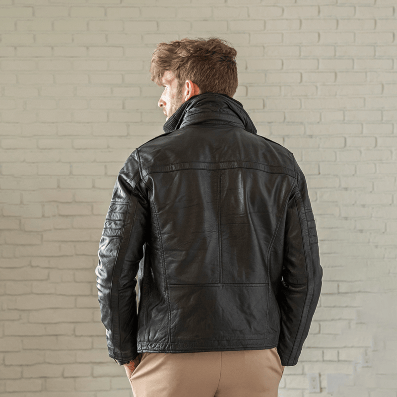 Removable Collar Leather Jacket - Black