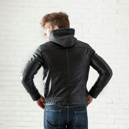 Removable Hood Leather Jacket - Black